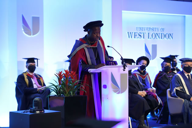 Jamal Edwards accepting his degree at Twickenham Stadium event