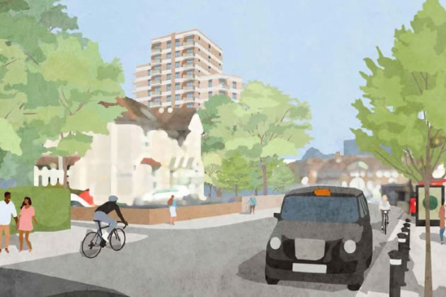 Visualisation of the scheme looking north up Gunnersbury Lane