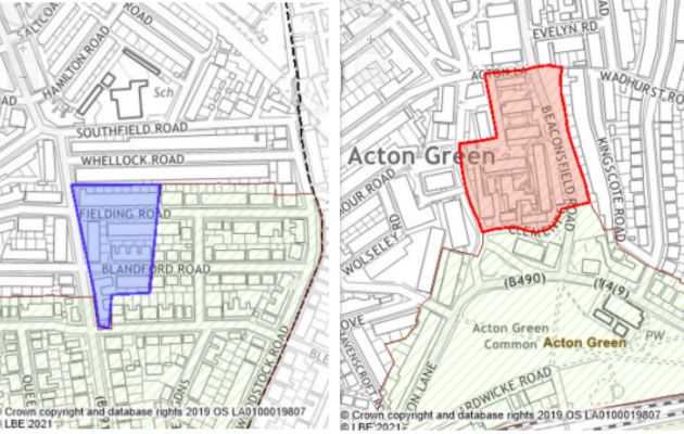 Boundary changes proposed in Bedford Park (left) and Acton Green (right)