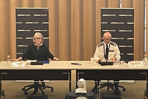 Deputy Mayor for Policing Sophie Linden (left) and Met Police Commissioner Sir Mark Rowley (right) speak with the London Assembly's police and crime committee