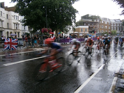 Road race cyclists on Fulham Road