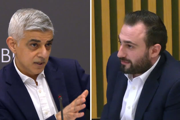 Sir Sadiq Khan was challenged by Tory assembly member Alessandro Georgiou (right). Picture: London Assembly webcast