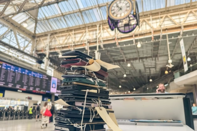 A pile of lost mobile phones in front of the clock at Waterloo