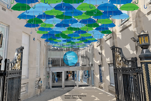 CGI of an Umbrella Sky entrance at Centre Court Shopping Centre Wimbledon 