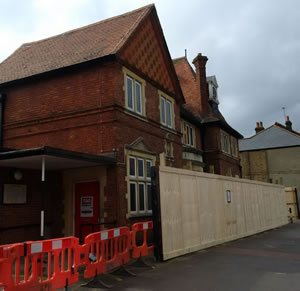 Boarded up Merton Hall