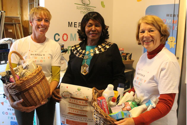 Merton Community Fridge Manager - Jude King, Mayor of Merton - Councillor Joan Henry, Sustainable Merton CEO - Diana Sterck