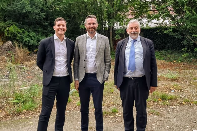 Cllr Ross Garrod, London’s Deputy Mayor Tom Copley, and Cllr Andrew Judge at the site at Canons in Mitcham which will be used to build new homes